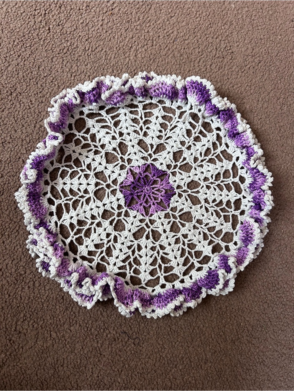 Vintage Crocheted Doily Ruffled Edge White & Purple - Picture 2 of 3